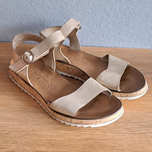 Paul Green Tippi Women’s 9 Gold Leather Ankle Strap Platform Wedge Sandals - Picture 1 of 14